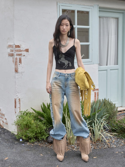 Mud-Dyed Washed Distressed Rivet Denim Straight Pants Loose Wide-Leg Trousers【s0000014558】