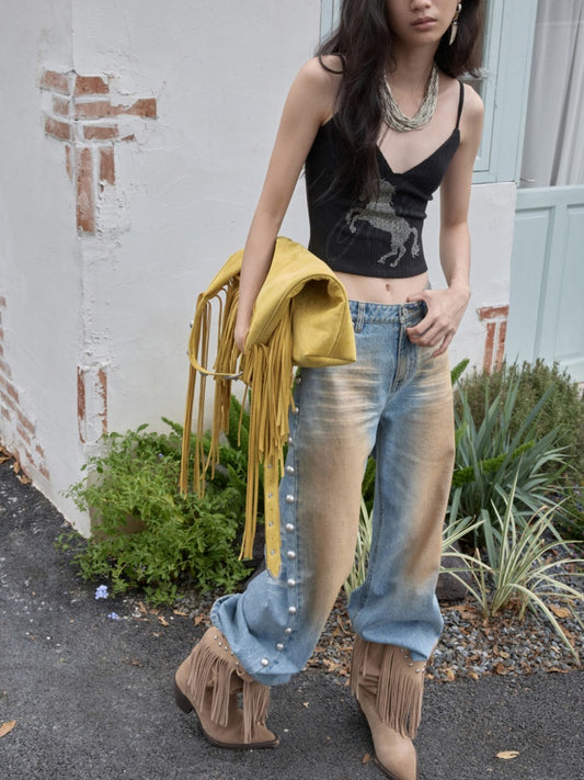 Mud-Dyed Washed Distressed Rivet Denim Straight Pants Loose Wide-Leg Trousers【s0000014558】