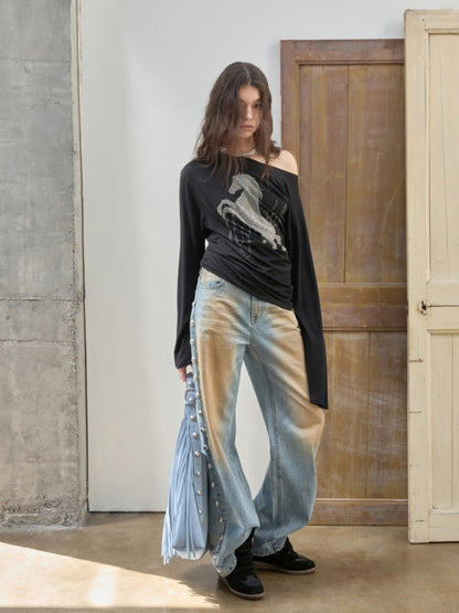 Mud-Dyed Washed Distressed Rivet Denim Straight Pants Loose Wide-Leg Trousers【s0000014558】