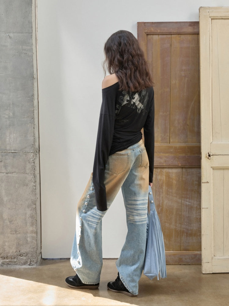 Mud-Dyed Washed Distressed Rivet Denim Straight Pants Loose Wide-Leg Trousers【s0000014558】
