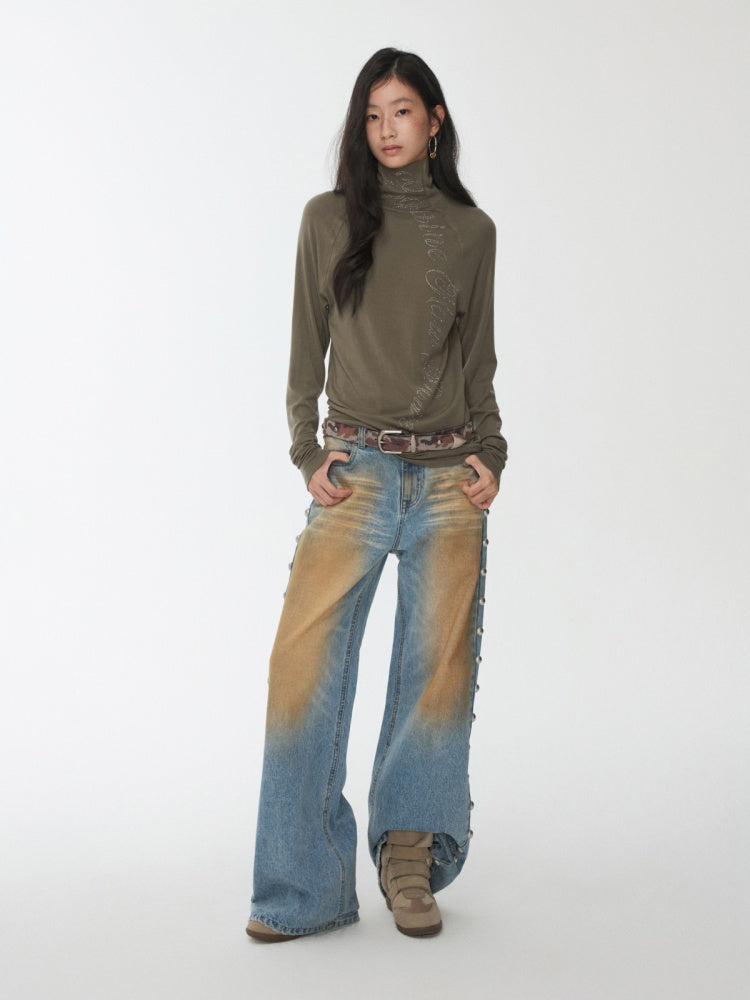 Mud-Dyed Washed Distressed Rivet Denim Straight Pants Loose Wide-Leg Trousers【s0000014558】