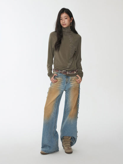 Mud-Dyed Washed Distressed Rivet Denim Straight Pants Loose Wide-Leg Trousers【s0000014558】