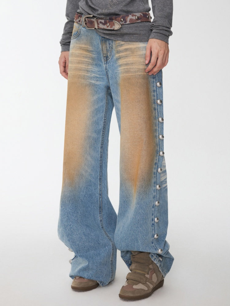 Mud-Dyed Washed Distressed Rivet Denim Straight Pants Loose Wide-Leg Trousers【s0000014558】