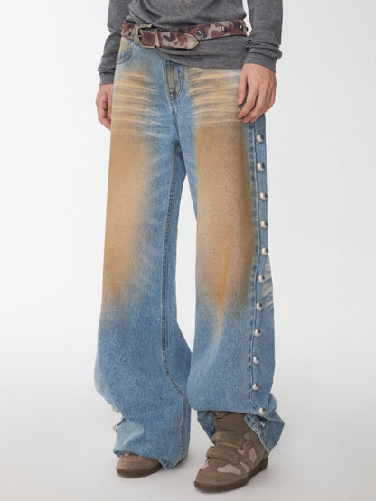 Mud-Dyed Washed Distressed Rivet Denim Straight Pants Loose Wide-Leg Trousers【s0000014558】