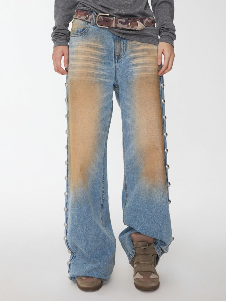 Mud-Dyed Washed Distressed Rivet Denim Straight Pants Loose Wide-Leg Trousers【s0000014558】