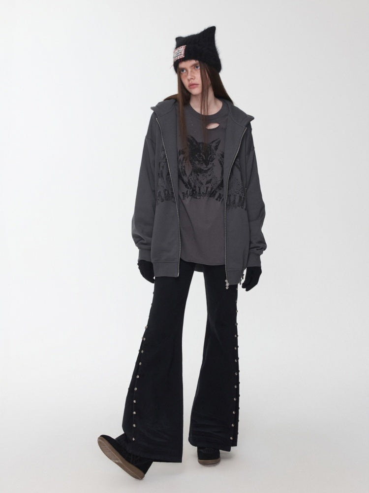 Vintage Solid Color Three-Dimensional Cat Whisker Stud Low Rise Slit Casual Flared Jeans【s0000014559】