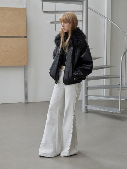 Vintage Solid Color Three-Dimensional Cat Whisker Stud Low Rise Slit Casual Flared Jeans【s0000014559】