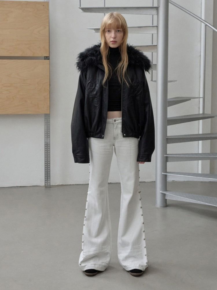 Vintage Solid Color Three-Dimensional Cat Whisker Stud Low Rise Slit Casual Flared Jeans【s0000014559】