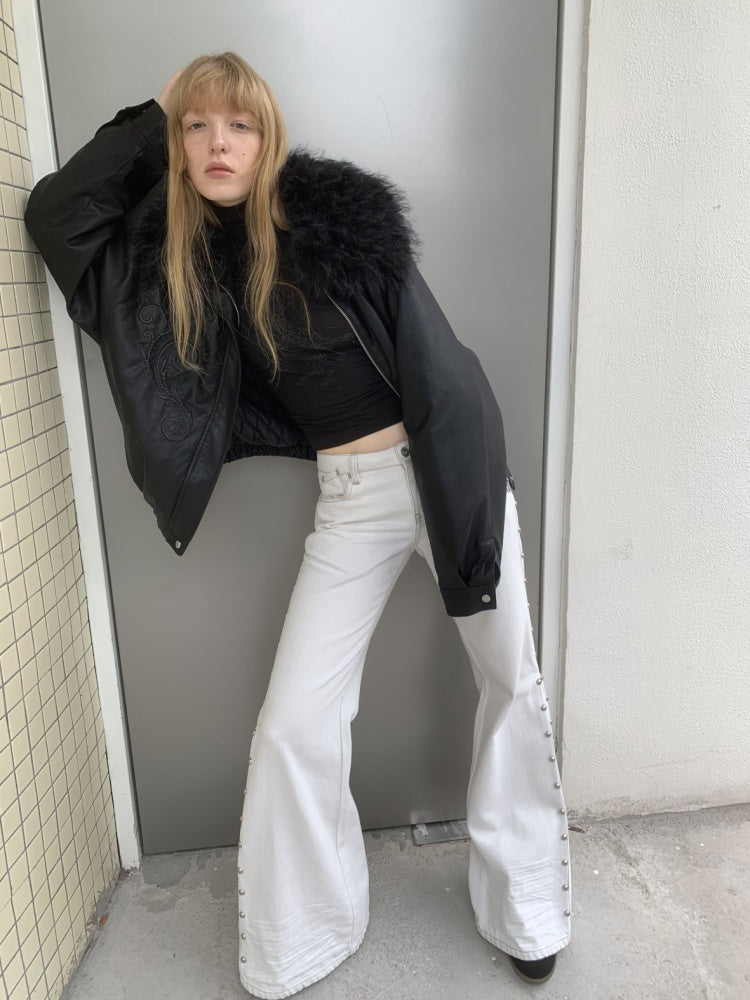Vintage Solid Color Three-Dimensional Cat Whisker Stud Low Rise Slit Casual Flared Jeans【s0000014559】