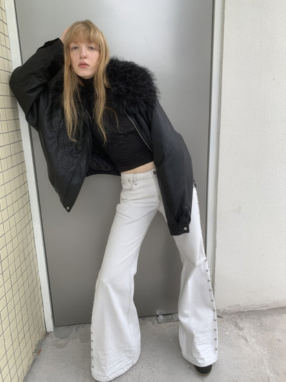 Vintage Solid Color Three-Dimensional Cat Whisker Stud Low Rise Slit Casual Flared Jeans【s0000014559】
