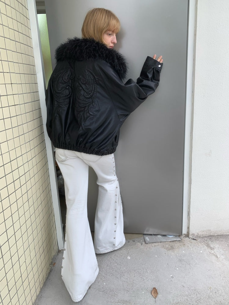 Vintage Solid Color Three-Dimensional Cat Whisker Stud Low Rise Slit Casual Flared Jeans【s0000014559】