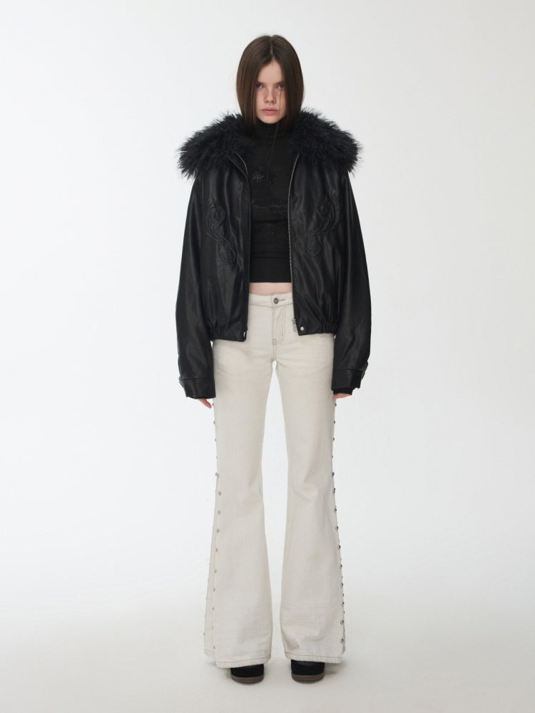 Vintage Solid Color Three-Dimensional Cat Whisker Stud Low Rise Slit Casual Flared Jeans【s0000014559】