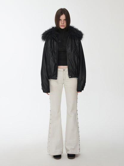 Vintage Solid Color Three-Dimensional Cat Whisker Stud Low Rise Slit Casual Flared Jeans【s0000014559】