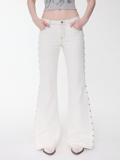 Vintage Solid Color Three-Dimensional Cat Whisker Stud Low Rise Slit Casual Flared Jeans【s0000014559】