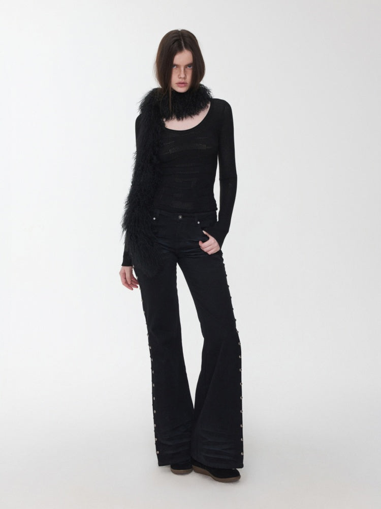 Vintage Solid Color Three-Dimensional Cat Whisker Stud Low Rise Slit Casual Flared Jeans【s0000014559】