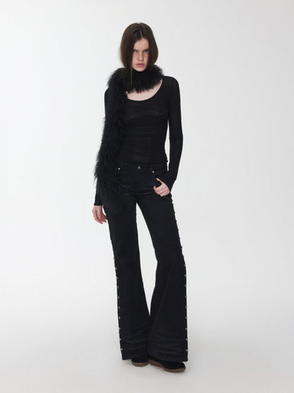 Vintage Solid Color Three-Dimensional Cat Whisker Stud Low Rise Slit Casual Flared Jeans【s0000014559】