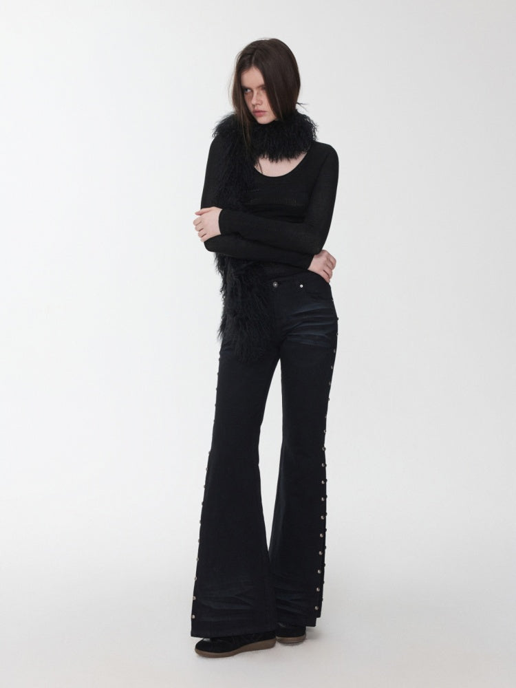 Vintage Solid Color Three-Dimensional Cat Whisker Stud Low Rise Slit Casual Flared Jeans【s0000014559】