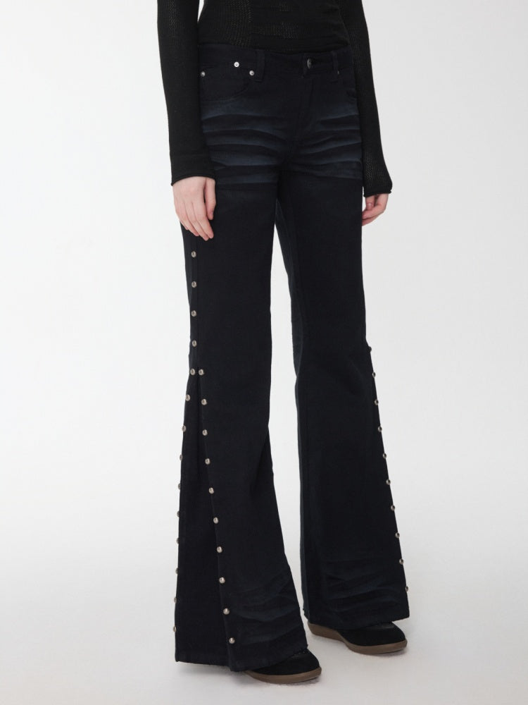 Vintage Solid Color Three-Dimensional Cat Whisker Stud Low Rise Slit Casual Flared Jeans【s0000014559】