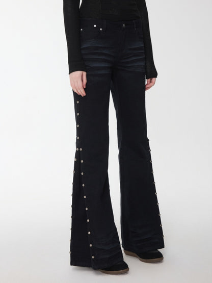 Vintage Solid Color Three-Dimensional Cat Whisker Stud Low Rise Slit Casual Flared Jeans【s0000014559】