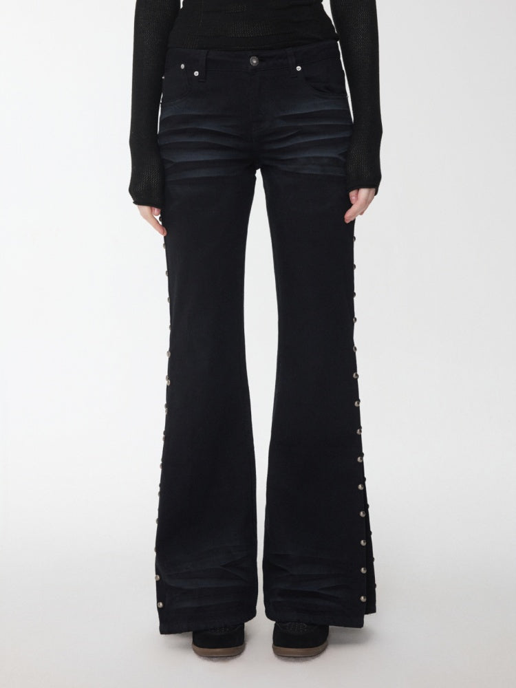 Vintage Solid Color Three-Dimensional Cat Whisker Stud Low Rise Slit Casual Flared Jeans【s0000014559】