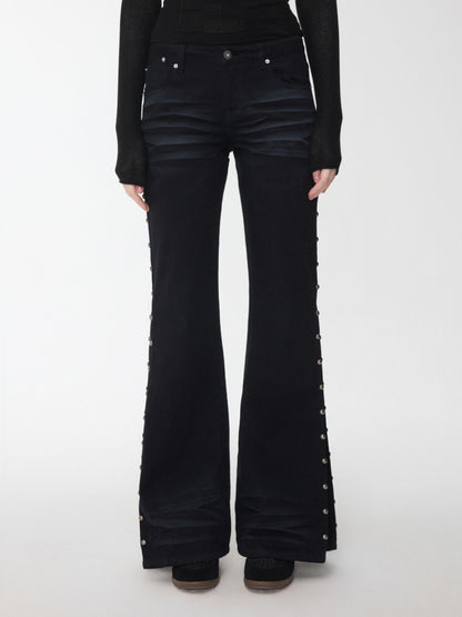 Vintage Solid Color Three-Dimensional Cat Whisker Stud Low Rise Slit Casual Flared Jeans【s0000014559】