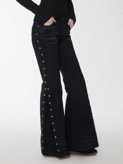 Vintage Solid Color Three-Dimensional Cat Whisker Stud Low Rise Slit Casual Flared Jeans【s0000014559】