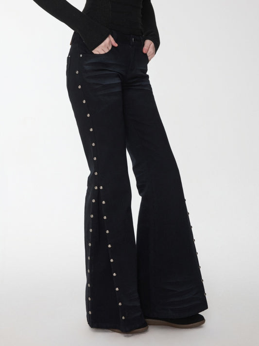 Vintage Solid Color Three-Dimensional Cat Whisker Stud Low Rise Slit Casual Flared Jeans【s0000014559】