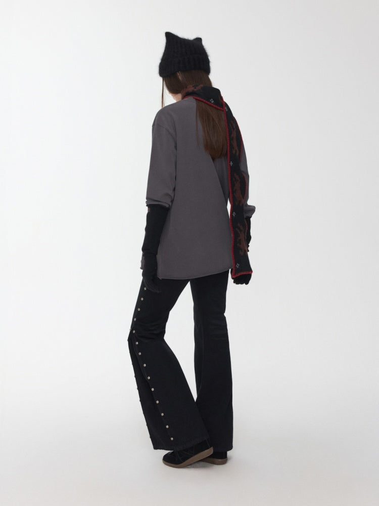 Vintage Solid Color Three-Dimensional Cat Whisker Stud Low Rise Slit Casual Flared Jeans【s0000014559】