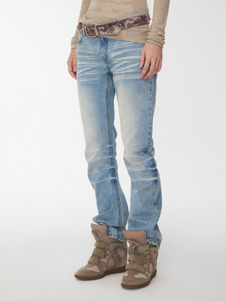 Retro Pleated Washed Three-Dimensional Cat Whisker Low-Waisted Slim Design Scimitar Jeans【s0000014560】