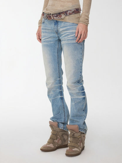 Retro Pleated Washed Three-Dimensional Cat Whisker Low-Waisted Slim Design Scimitar Jeans【s0000014560】