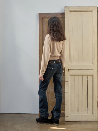 Retro Pleated Washed Three-Dimensional Cat Whisker Low-Waisted Slim Design Scimitar Jeans【s0000014560】