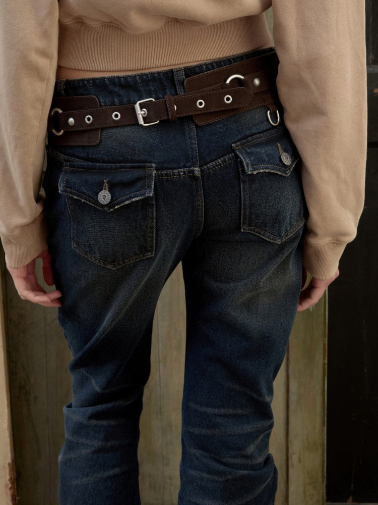 Retro Pleated Washed Three-Dimensional Cat Whisker Low-Waisted Slim Design Scimitar Jeans【s0000014560】