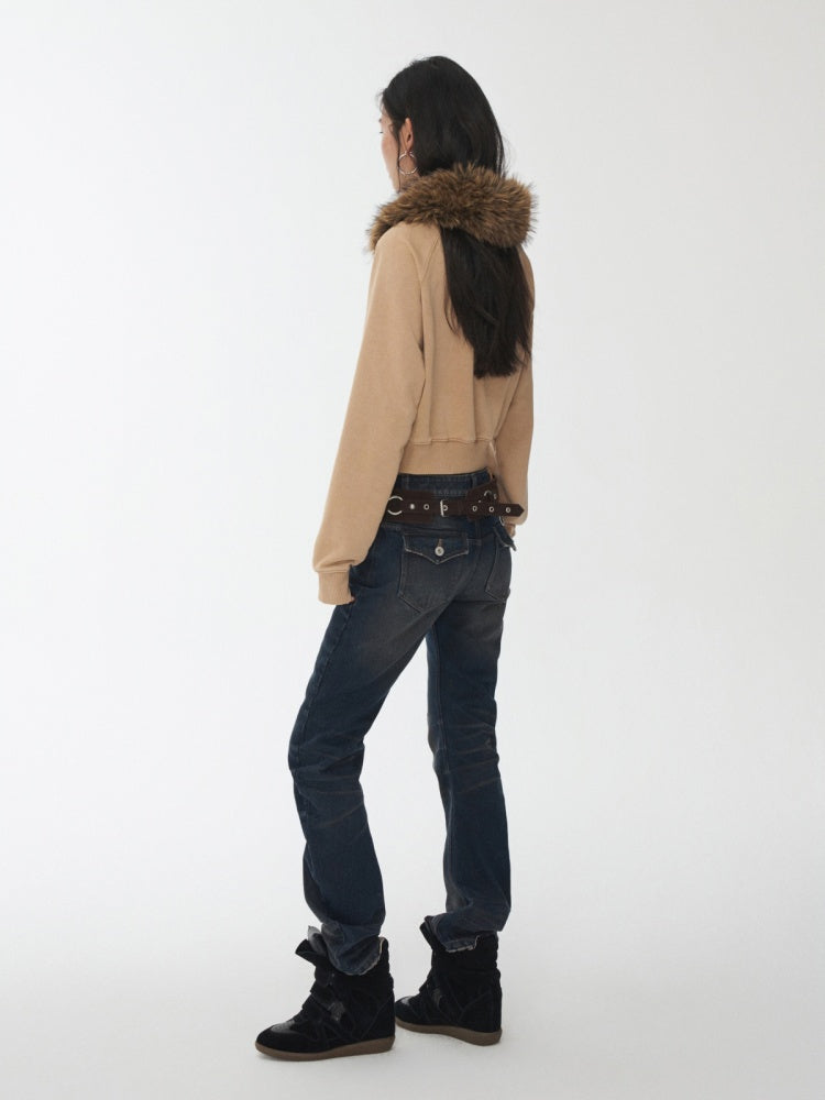 Retro Pleated Washed Three-Dimensional Cat Whisker Low-Waisted Slim Design Scimitar Jeans【s0000014560】