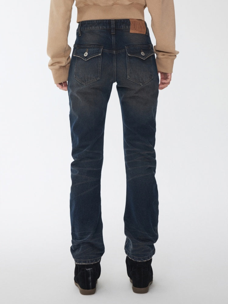 Retro Pleated Washed Three-Dimensional Cat Whisker Low-Waisted Slim Design Scimitar Jeans【s0000014560】