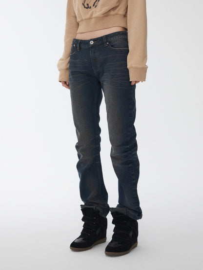 Retro Pleated Washed Three-Dimensional Cat Whisker Low-Waisted Slim Design Scimitar Jeans【s0000014560】