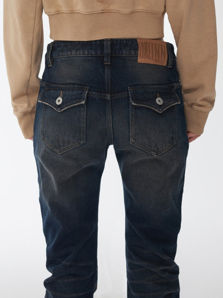 Retro Pleated Washed Three-Dimensional Cat Whisker Low-Waisted Slim Design Scimitar Jeans【s0000014560】