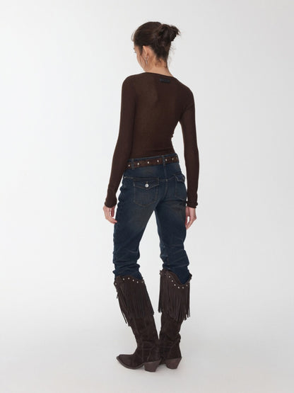 Retro Pleated Washed Three-Dimensional Cat Whisker Low-Waisted Slim Design Scimitar Jeans【s0000014560】