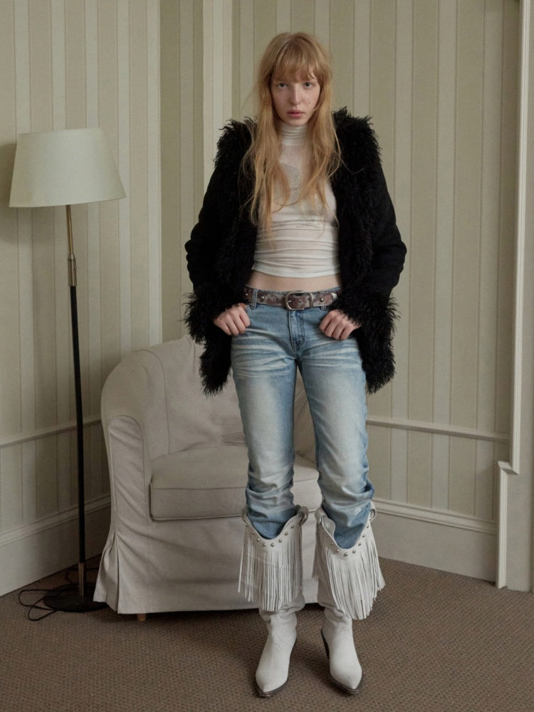 Retro Pleated Washed Three-Dimensional Cat Whisker Low-Waisted Slim Design Scimitar Jeans【s0000014560】