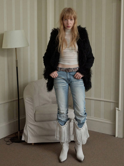 Retro Pleated Washed Three-Dimensional Cat Whisker Low-Waisted Slim Design Scimitar Jeans【s0000014560】