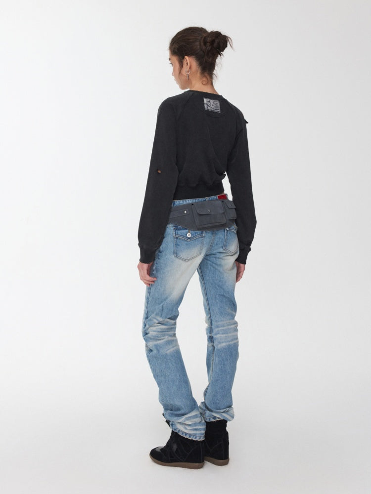 Retro Pleated Washed Three-Dimensional Cat Whisker Low-Waisted Slim Design Scimitar Jeans【s0000014560】