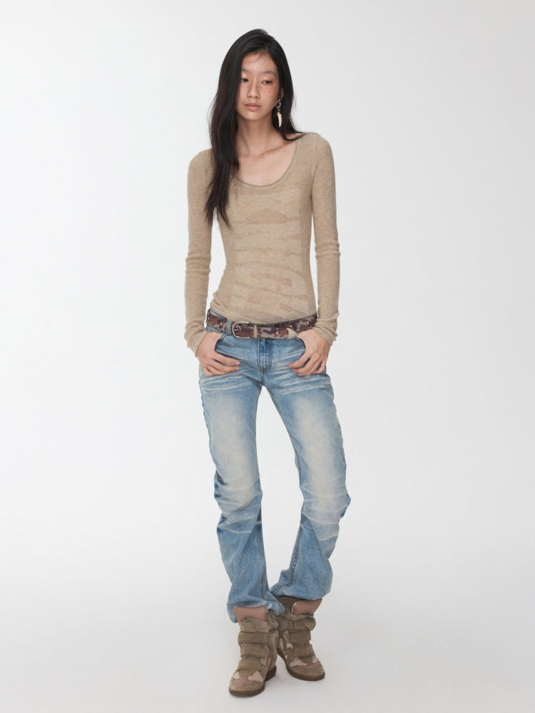 Retro Pleated Washed Three-Dimensional Cat Whisker Low-Waisted Slim Design Scimitar Jeans【s0000014560】