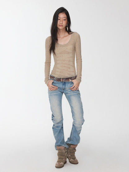 Retro Pleated Washed Three-Dimensional Cat Whisker Low-Waisted Slim Design Scimitar Jeans【s0000014560】