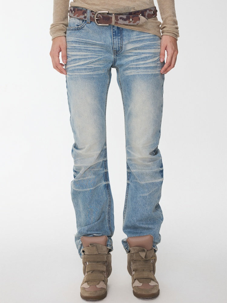 Retro Pleated Washed Three-Dimensional Cat Whisker Low-Waisted Slim Design Scimitar Jeans【s0000014560】