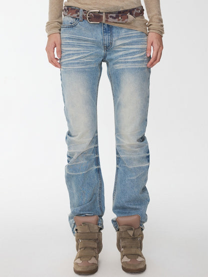 Retro Pleated Washed Three-Dimensional Cat Whisker Low-Waisted Slim Design Scimitar Jeans【s0000014560】