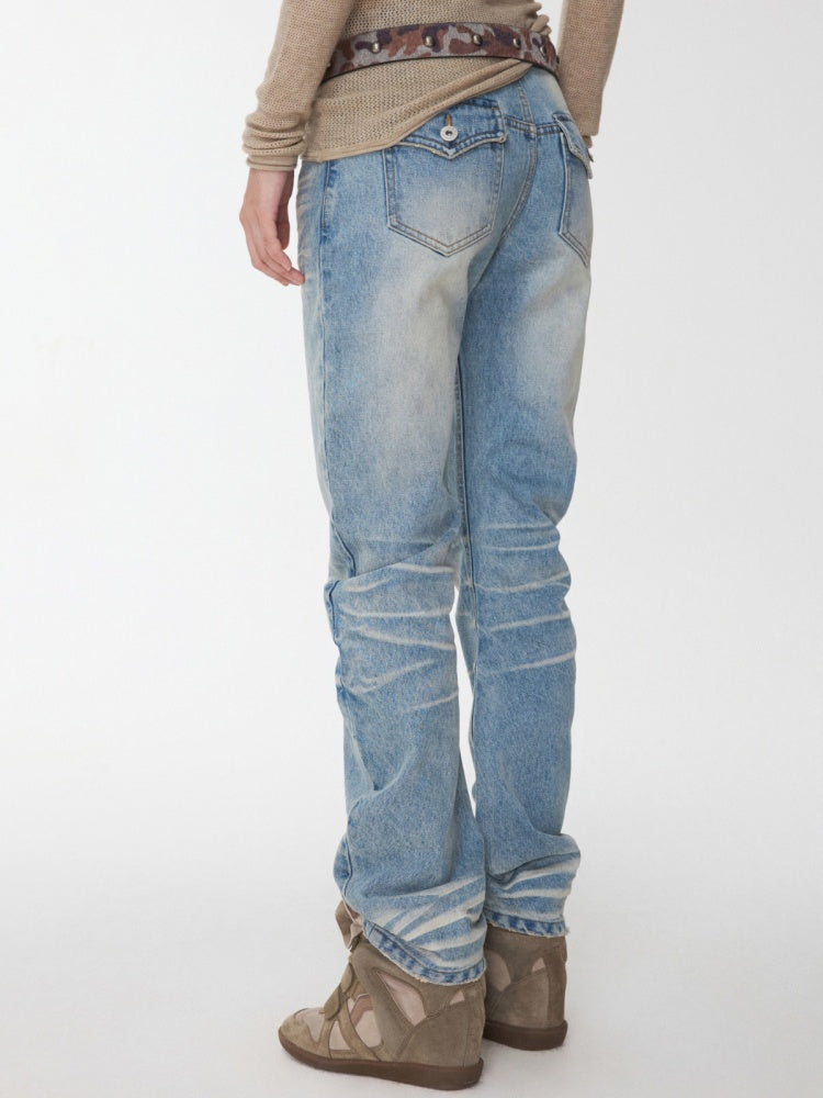 Retro Pleated Washed Three-Dimensional Cat Whisker Low-Waisted Slim Design Scimitar Jeans【s0000014560】