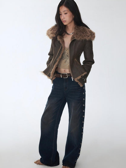 Vintage Washed Cracked Large Fur Integrated Cropped Collar Lapel Coat【s0000014561】