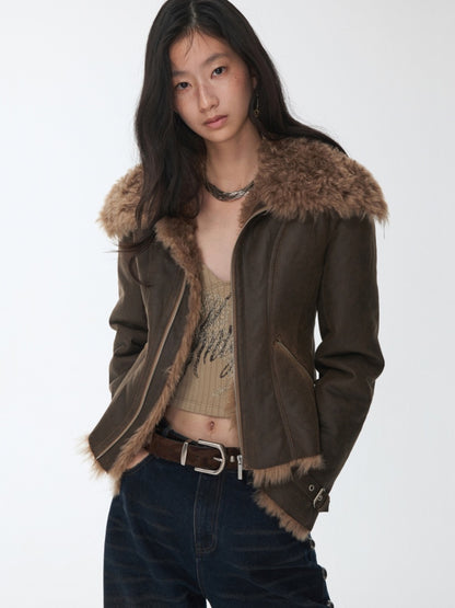 Vintage Washed Cracked Large Fur Integrated Cropped Collar Lapel Coat【s0000014561】