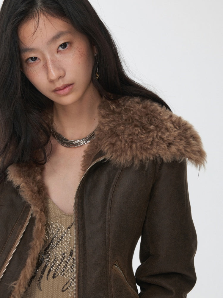 Vintage Washed Cracked Large Fur Integrated Cropped Collar Lapel Coat【s0000014561】