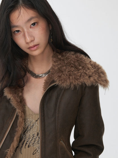 Vintage Washed Cracked Large Fur Integrated Cropped Collar Lapel Coat【s0000014561】