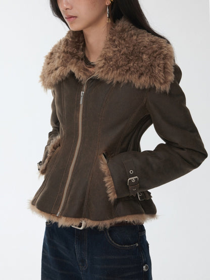 Vintage Washed Cracked Large Fur Integrated Cropped Collar Lapel Coat【s0000014561】